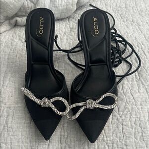 Aldo Black Heels with Silver Bow Detail